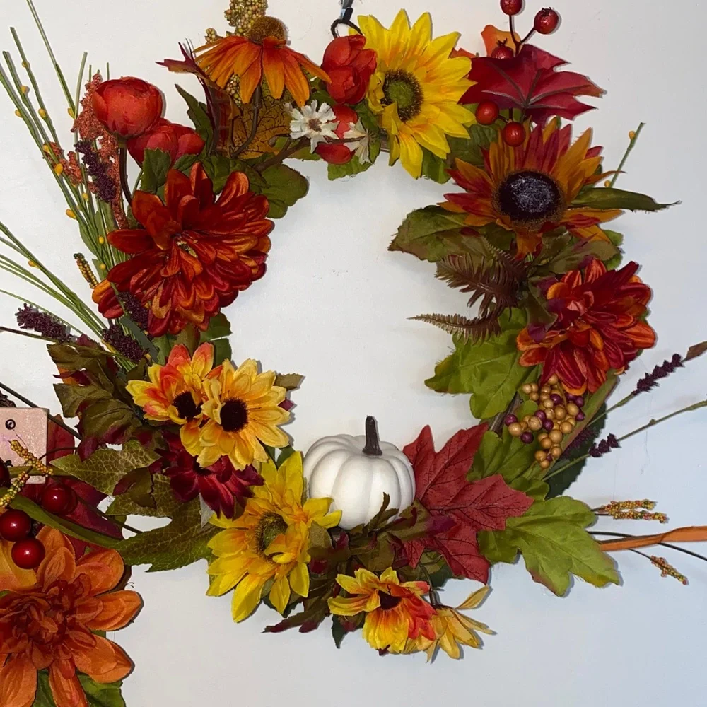 Fall Thanksgiving Faux Silk Flower Arrangement Wreath